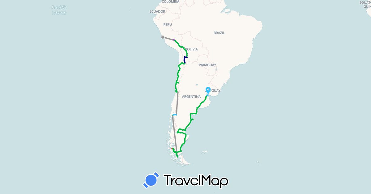 TravelMap itinerary: driving, bus, plane, train, hiking, boat in Argentina, Bolivia, Chile, Peru, Uruguay (South America)